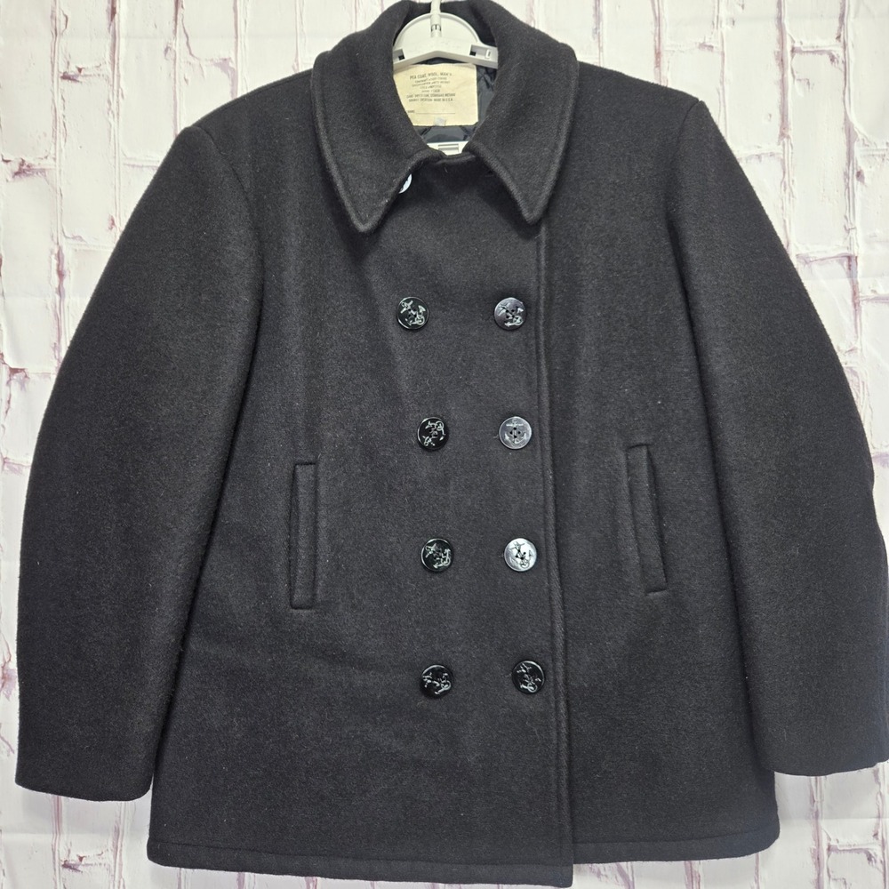 Vintage 80s US Navy Pea Coat Wool Black Double Breasted Military Anchor Men 42